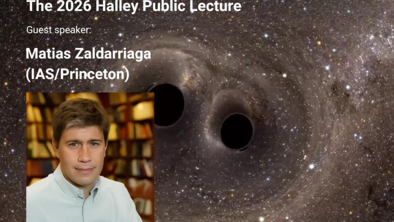 An image of binary black holes in the background, and a portrait of Professor Matias Zaldarriaga (copyright Princeton University)
