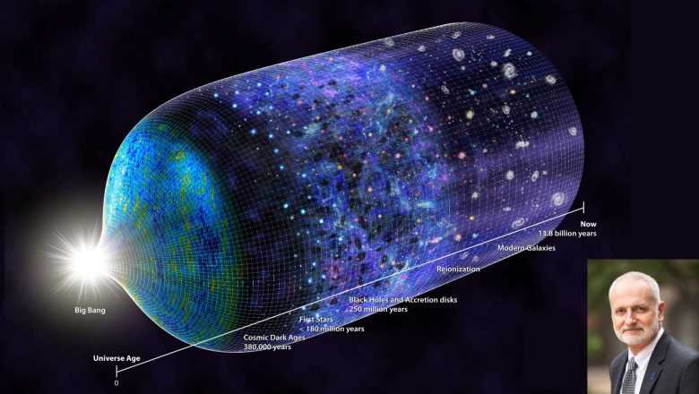 Timeline of the universe and portrait image of Professor Colless