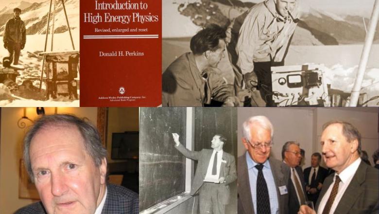 A collage of images of Don Perkins, his famous book, copyright: varied, CERN, Royal Society, internet and our own.