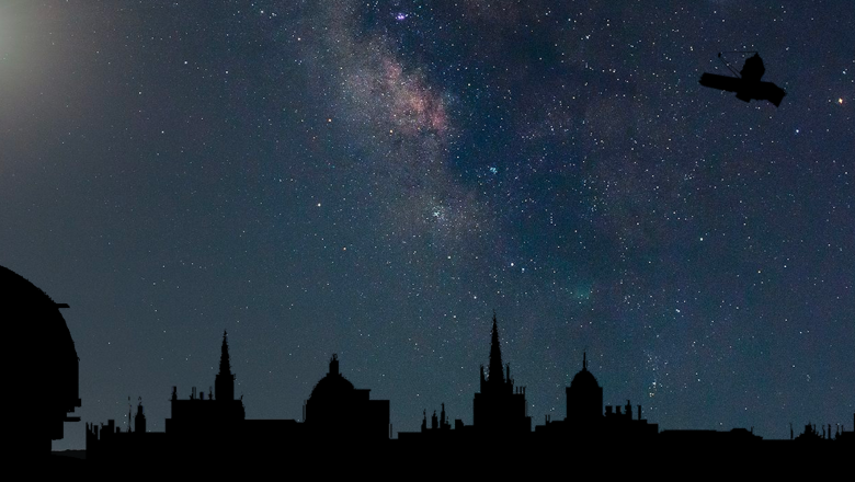 Composite image of the night sky with Oxford's skyline, the Extremely Large Telescope's and James Webb Space Telescope silhouette overlaid.