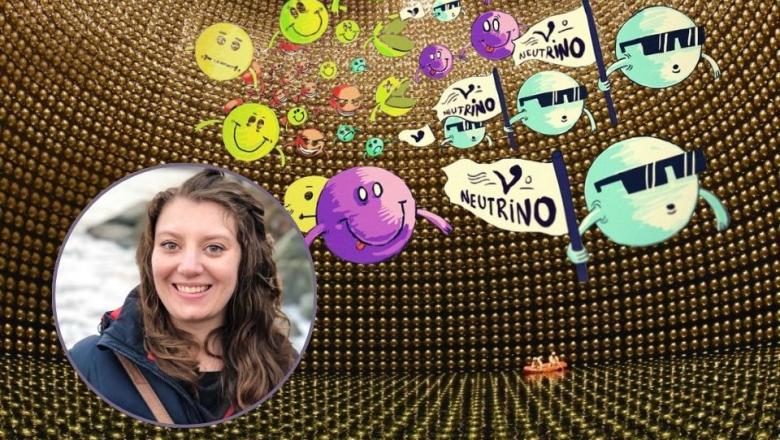 A portrait of Porfessor Duffy on a background of the SuperKamikande experiment and a cartoon of neutrinos