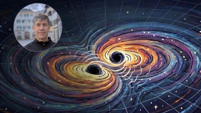 A portrait of Professor Matias Zaldarriaga,  IAS/Princeton University and an illustration of black holes