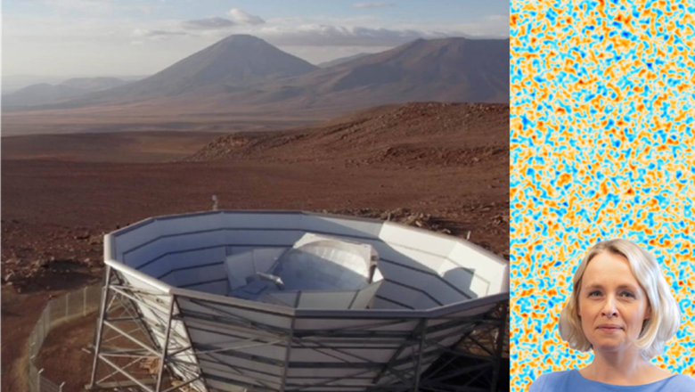 Telescope and CMB image & portrait image of Professor Jo Dunkley