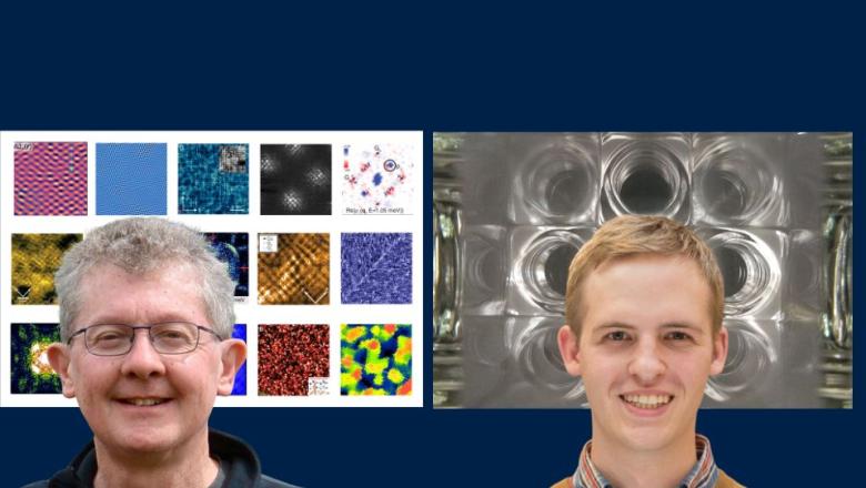 Image shows both guest speakers and on the background, a collage of images from their research labs