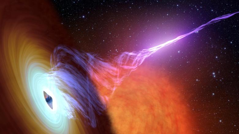 An artist's impression of a relativistic jet propagating away from a black hole at close to the speed of light. Such jets are formed by the inner regions of the accretion flow: matter flowing inwards towards the black hole, via processes which are not yet fully understood. The accretion flow emits primarily in X-rays, the relativistic jet in the radio band: by combing observations in each band we can try and understand how such jets form and how much energy they carry away from the black hole.