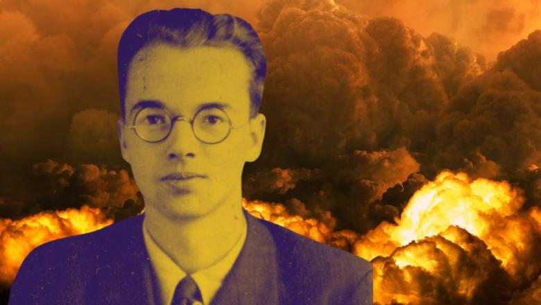 Collage showing Police photograph of physicist Klaus Fuchs (source Wikipedia) with a background of the atomic bomb explosion.