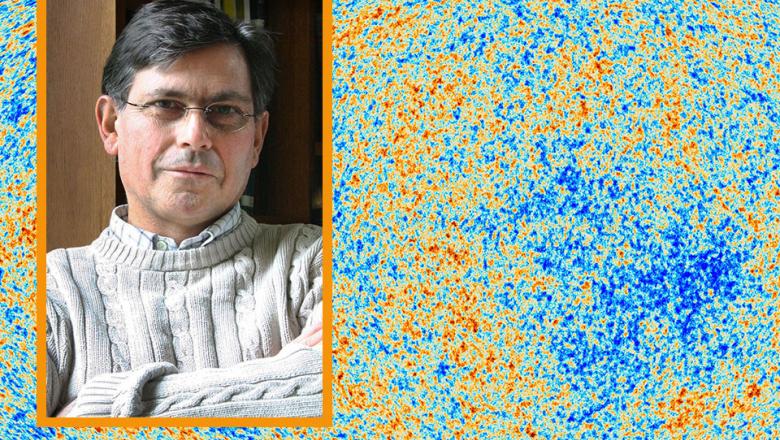 Cosmic microwave background with headshot of Professor George Efstathiou headshot