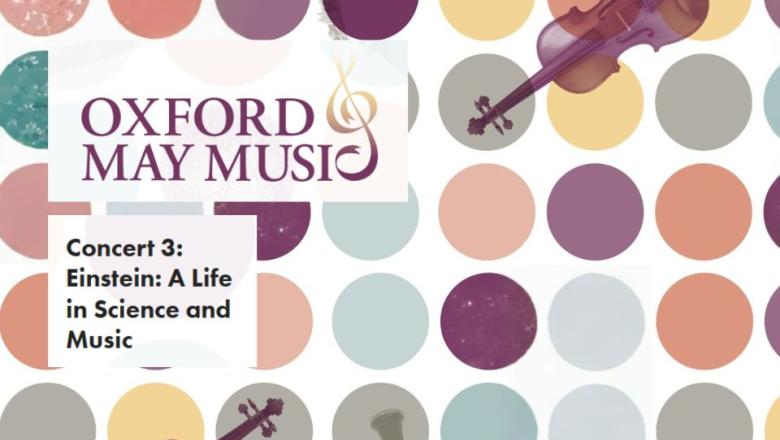 a collage of images from the official website of Oxford May Music, showing the titles and a background of coloured dots.
