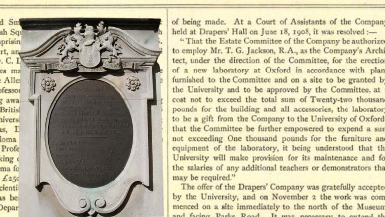 Image shows the plaque outside the Townsend Building and on the background, an extract from the Gazette at the time of the building works.