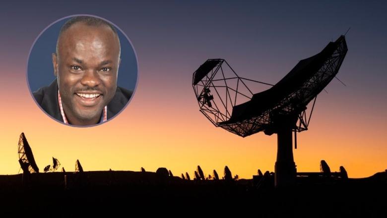 Portrait image of Professor Chibueze (copyright unisa.ac.za). Background photo credit: SKAO/Max Alexander