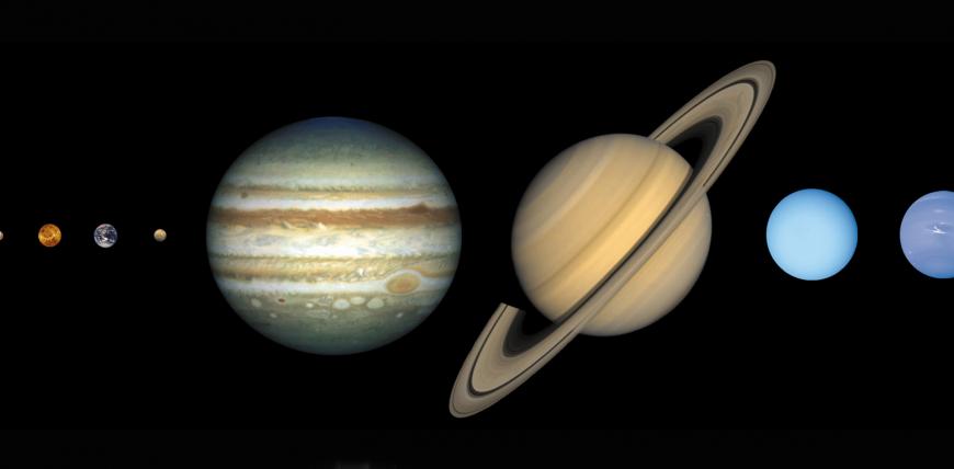 Solar System shown with the planets shown in approximately the right size relative to one another.