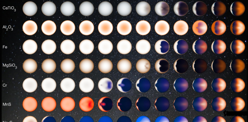 Visual appearance of hot Jupiter atmospheres with different temperatures or cloud types as calculated by the SPARC/MITgcm atmospheric circulation model. 