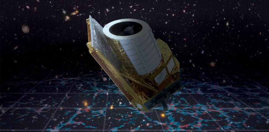 Artist impression of the Euclid mission in space. The spacecraft is white and gold and consists of three main elements: a flat sunshield, a large cylinder where the light from space will enter, and a 'boxy' bottom containing the instruments. 