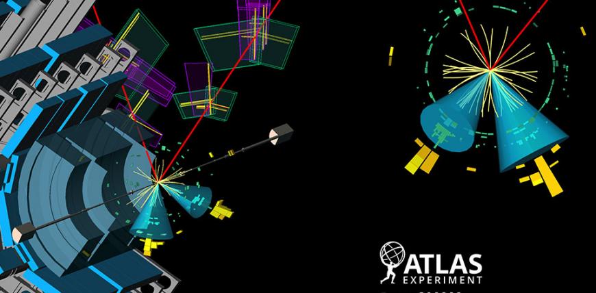 Figure 1: Candidate event for a Higgs decay to charm quarks. The two charm-tagged jets are shown as blue cones, and the two muons from a possible decay of a Z boson are shown in red. 