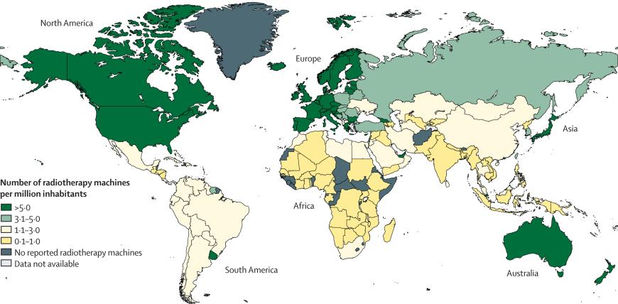Global availability of radiotherapy machines per million inhabitants. Data from the International Atomic Energy Agency's Directory of Radiotherapy Centres (DIRAC).