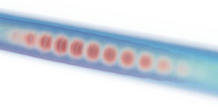 Visualisation of a laser pulse train guided within a plasma channel.