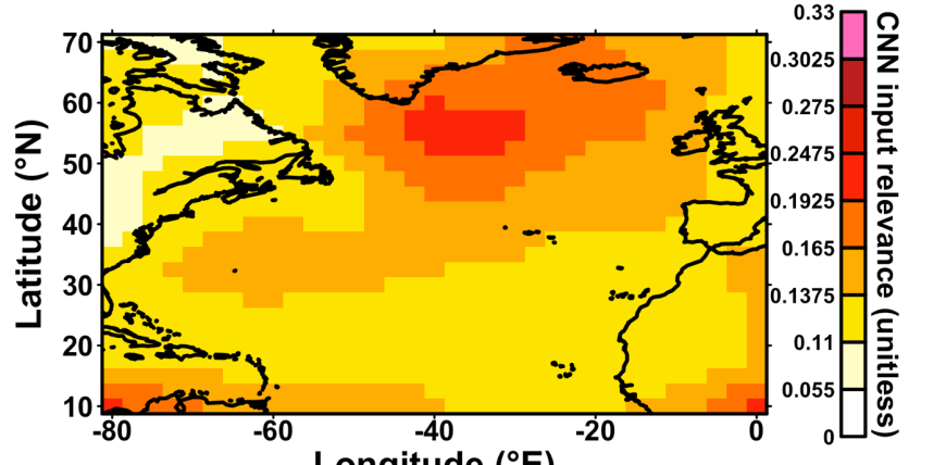 The image highlights regions the network uses to distinguish climate models. This is where it most often confuses models with similar ocean-grid resolutions, while distinguishing those with different ocean resolutions.